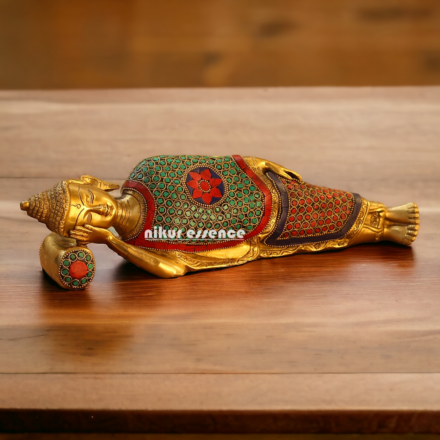 Buy Brass Sleeping Buddha Statue with Intricate Stone Inlay – Handcrafted Serenity and Tranquility for Your Home or Garden Nikuressence