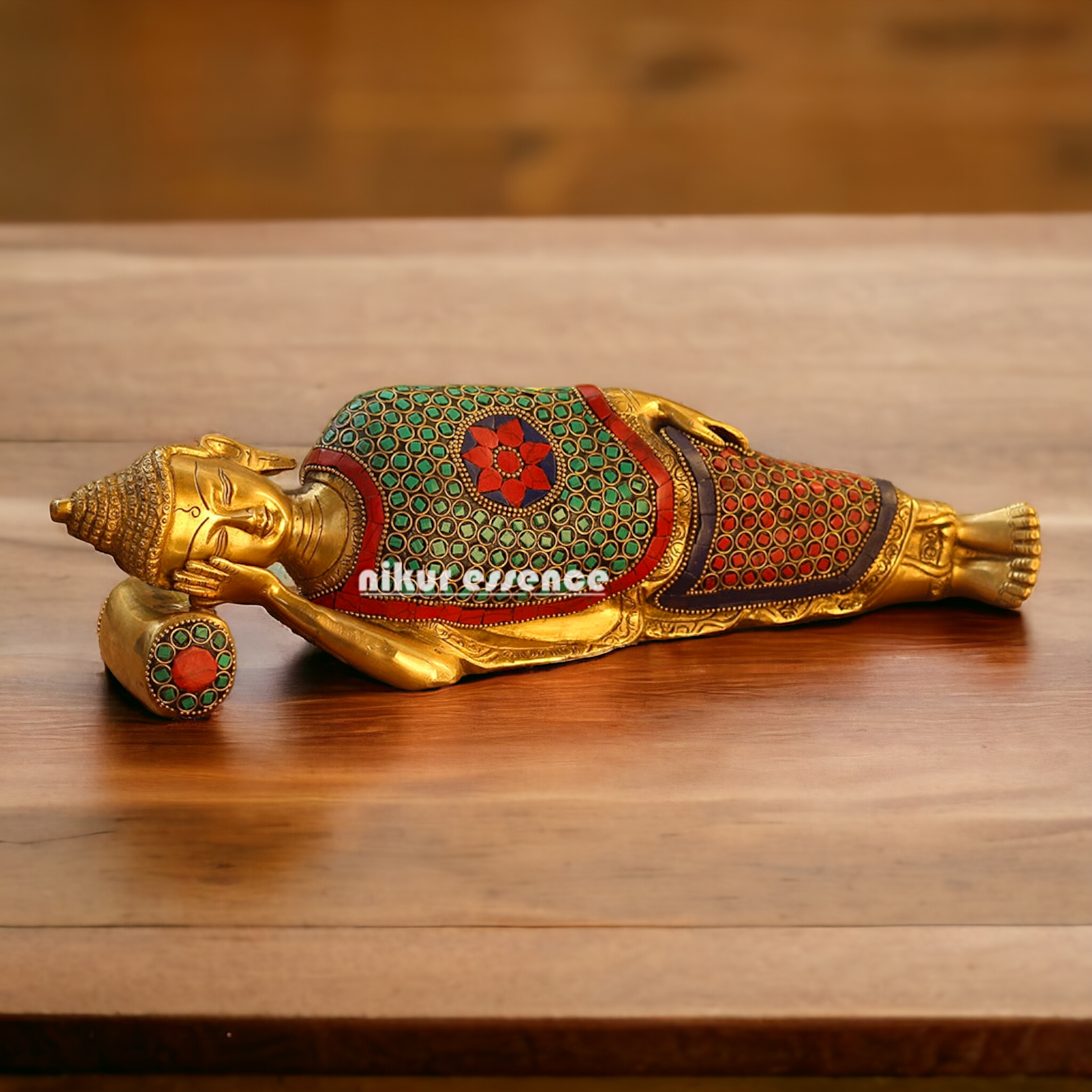 Buy Brass Sleeping Buddha Statue with Intricate Stone Inlay – Handcrafted Serenity and Tranquility for Your Home or Garden Nikuressence