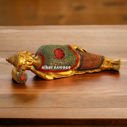 Buy Brass Sleeping Buddha Statue with Intricate Stone Inlay – Handcrafted Serenity and Tranquility for Your Home or Garden Nikuressence
