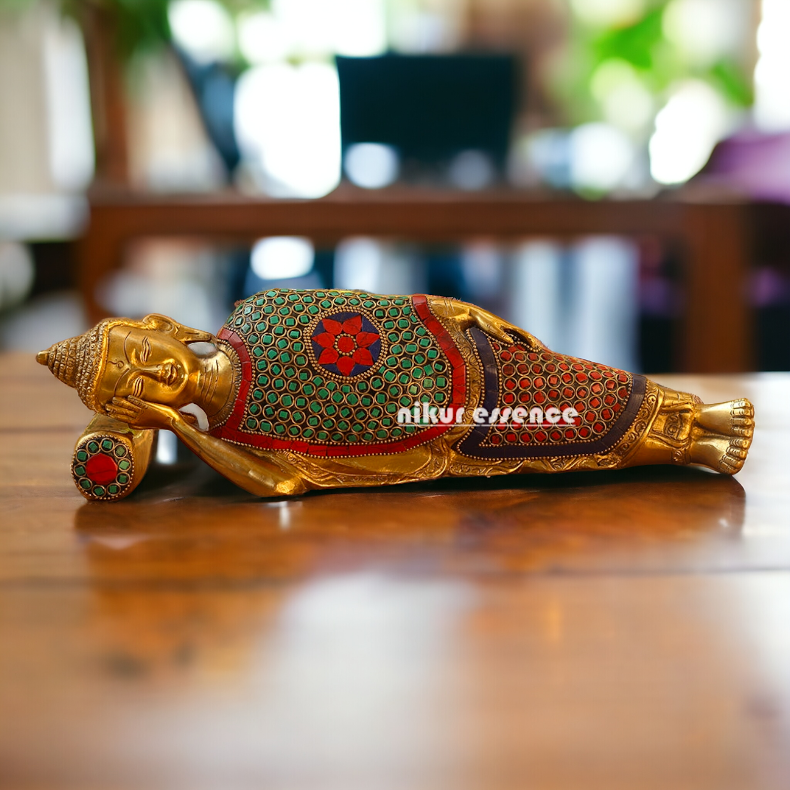 Buy Brass Sleeping Buddha Statue with Intricate Stone Inlay – Handcrafted Serenity and Tranquility for Your Home or Garden Nikuressence