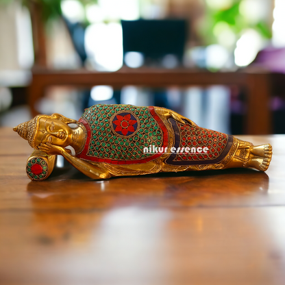 Buy Brass Sleeping Buddha Statue with Intricate Stone Inlay – Handcrafted Serenity and Tranquility for Your Home or Garden Nikuressence