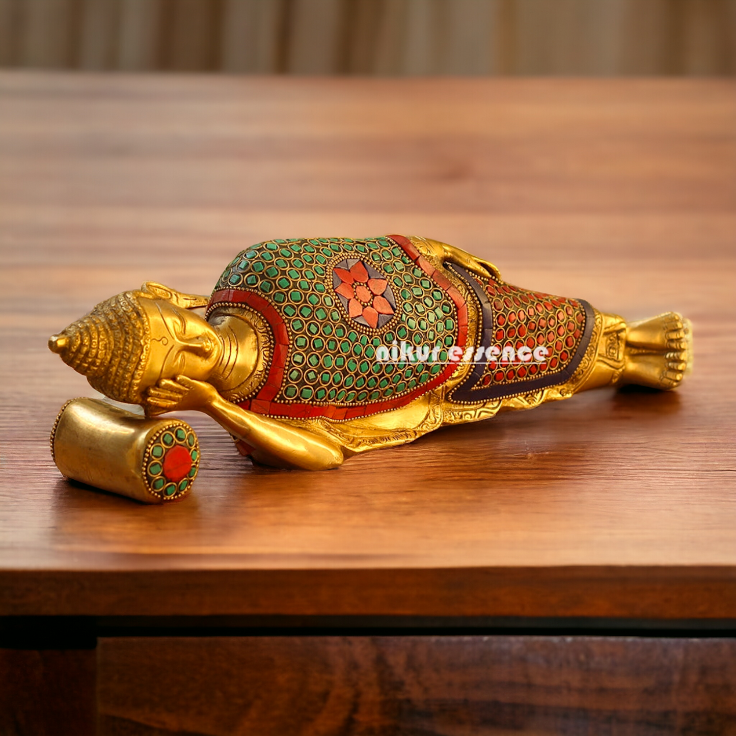 Buy Brass Sleeping Buddha Statue with Intricate Stone Inlay – Handcrafted Serenity and Tranquility for Your Home or Garden Nikuressence