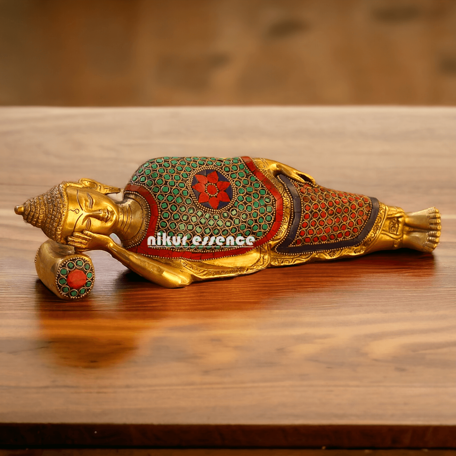 Buy Brass Sleeping Buddha Statue with Intricate Stone Inlay – Handcrafted Serenity and Tranquility for Your Home or Garden Nikuressence