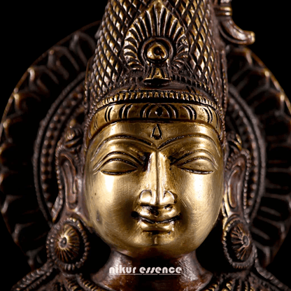 Brass Statue of Hindu Goddess Saraswati, the Patron of Wisdom, Playing Veena atop a Majestic Peacock with a Parrot Perched on Her Hand, 20 Inches Nikuressence