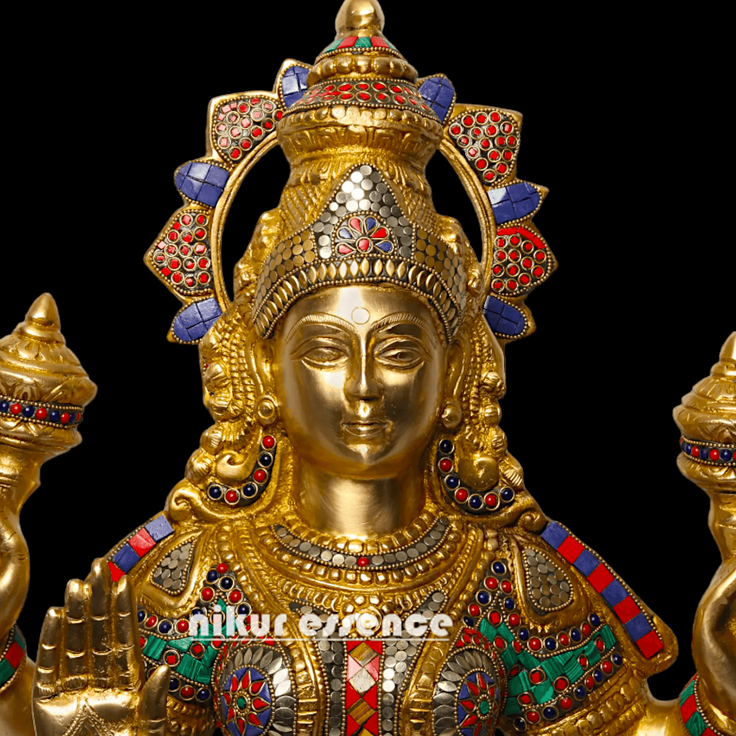 Buy Online Brass Statue of Lakshmi, Sitting Gracefully with Four Arms, Adorned with Intricate Inlay Work Nikuressence