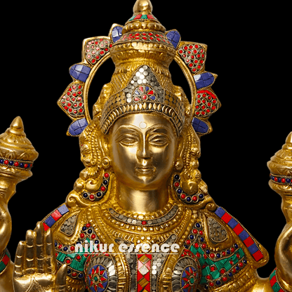 Buy Online Brass Statue of Lakshmi, Sitting Gracefully with Four Arms, Adorned with Intricate Inlay Work Nikuressence