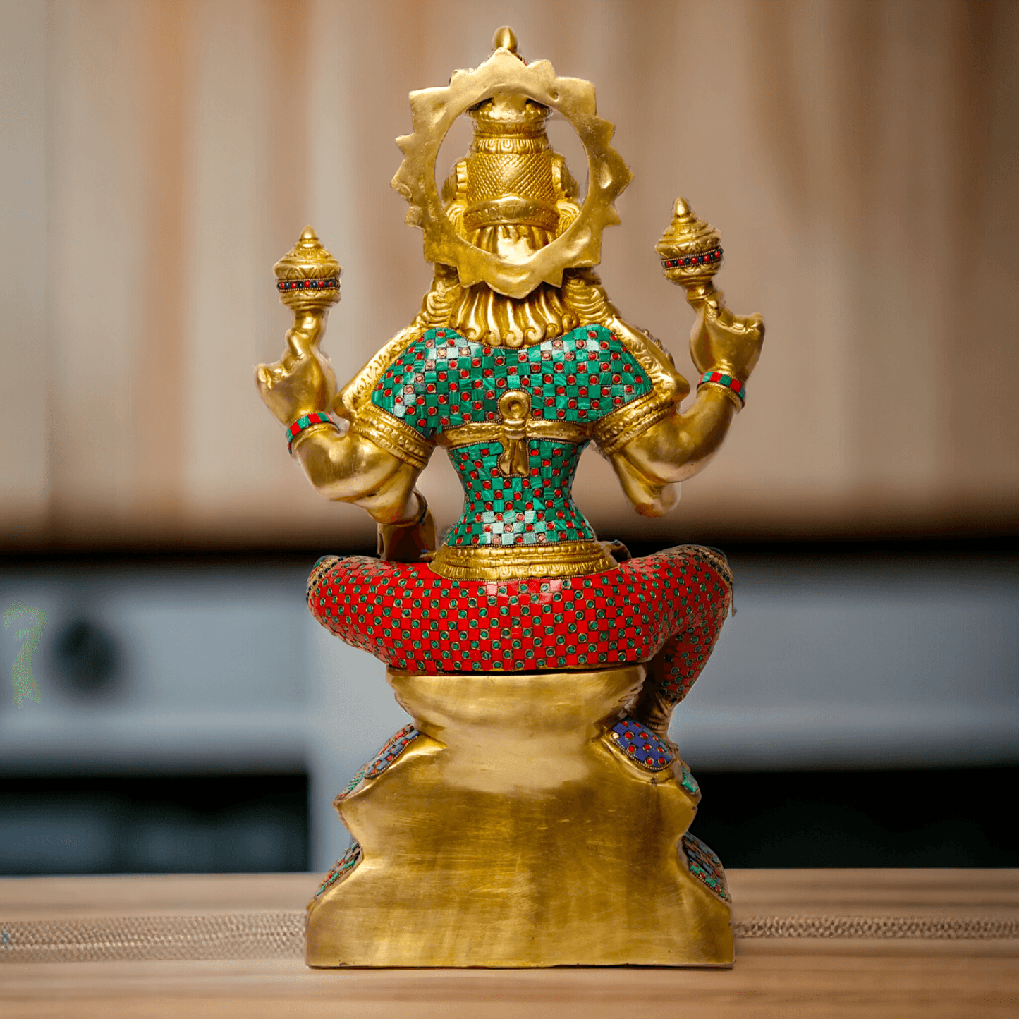Buy Online Brass Statue of Lakshmi, Sitting Gracefully with Four Arms, Adorned with Intricate Inlay Work Nikuressence