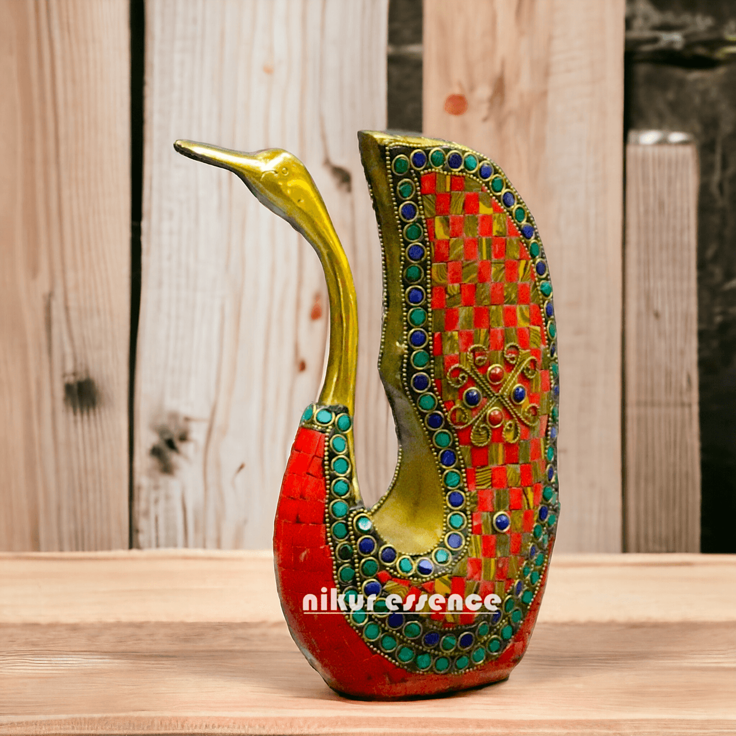 Brass Swan Figurine Adorned with Sparkling Gemstones – A Stunningly Elegant Decorative Sculpture Nikuressence