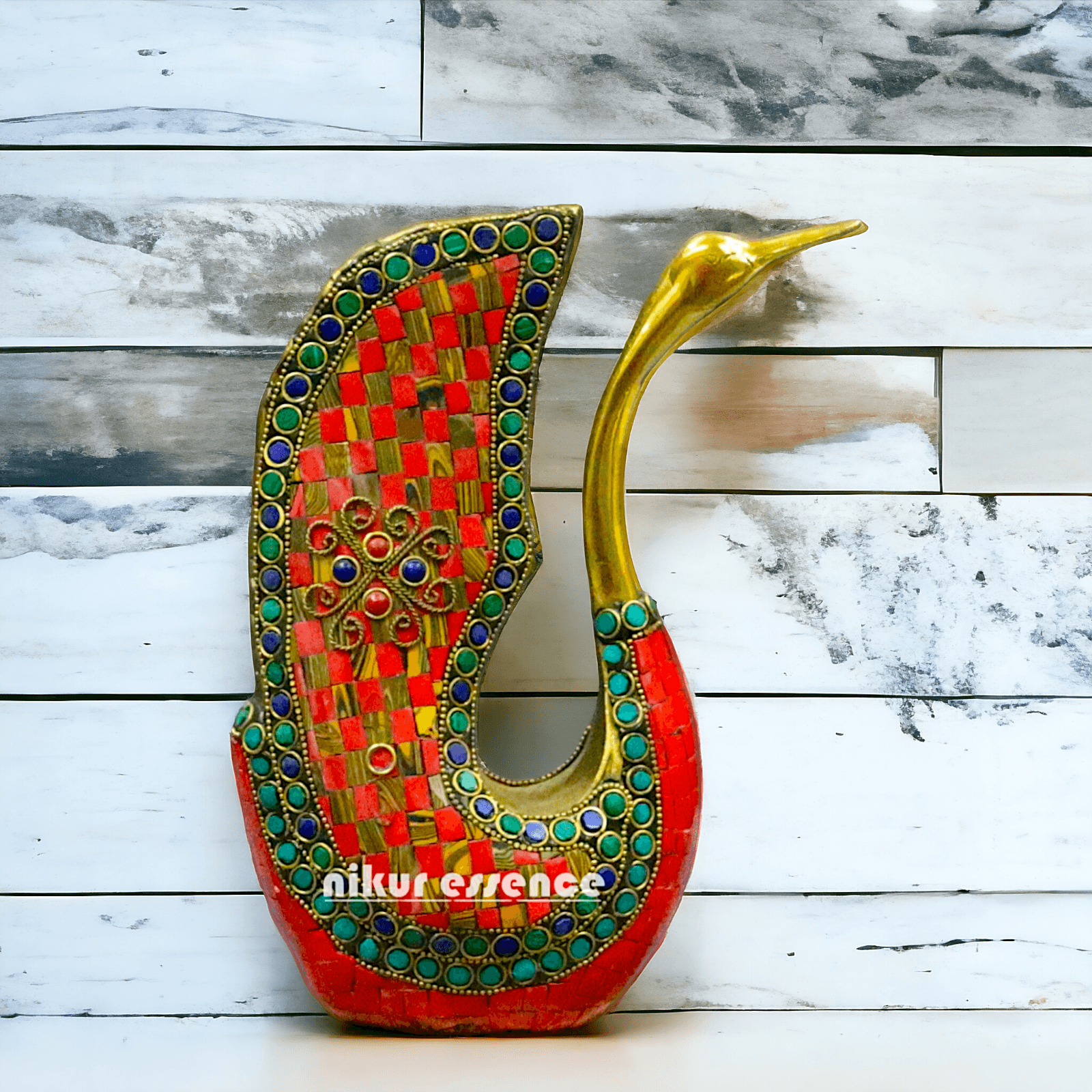 Brass Swan Figurine Adorned with Sparkling Gemstones – A Stunningly Elegant Decorative Sculpture Nikuressence