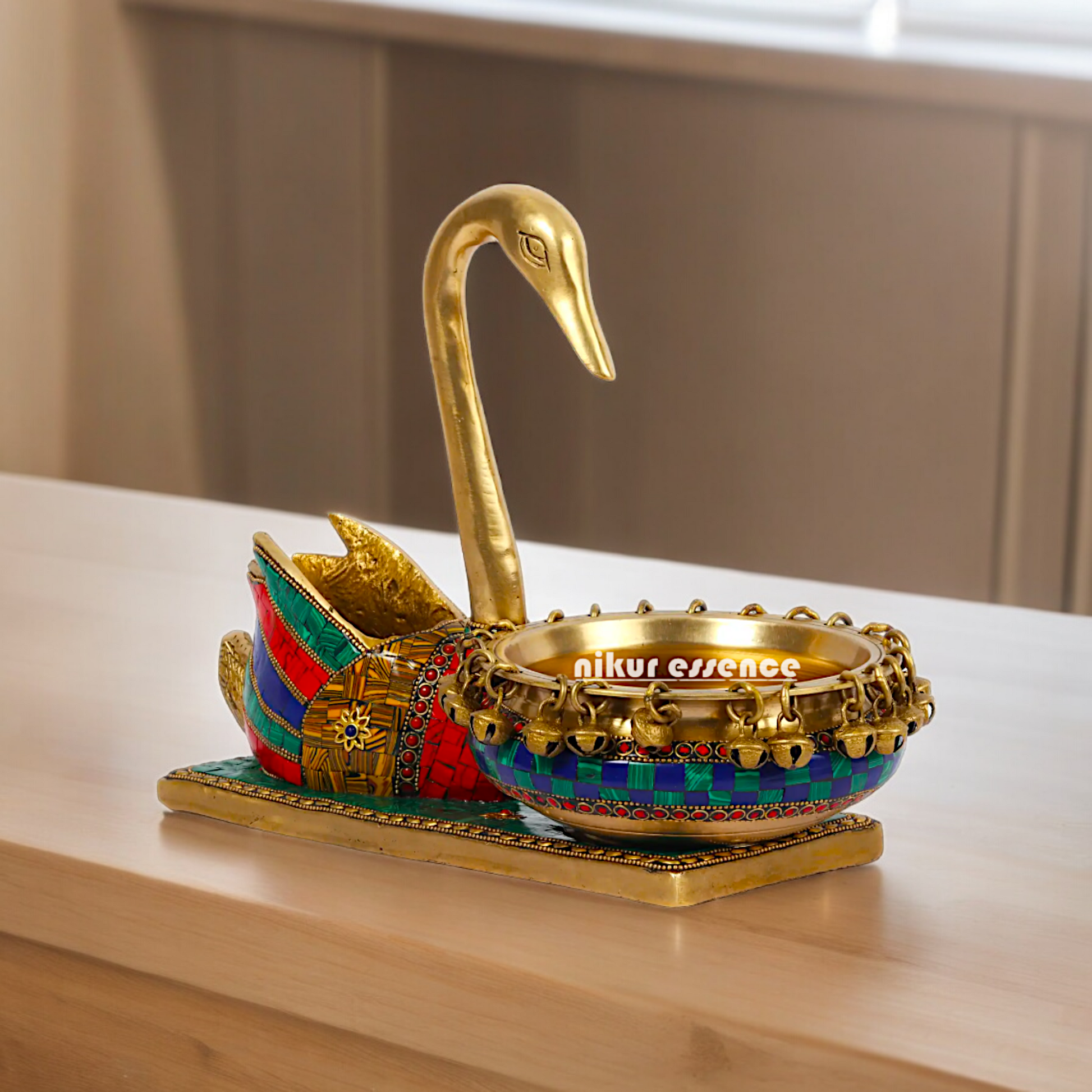 Online Buy brass Swan Urli Bowl with Intricate Inlay Work - Exquisite Handcrafted Decorative Centerpiece by Nikur Essence Nikuressence