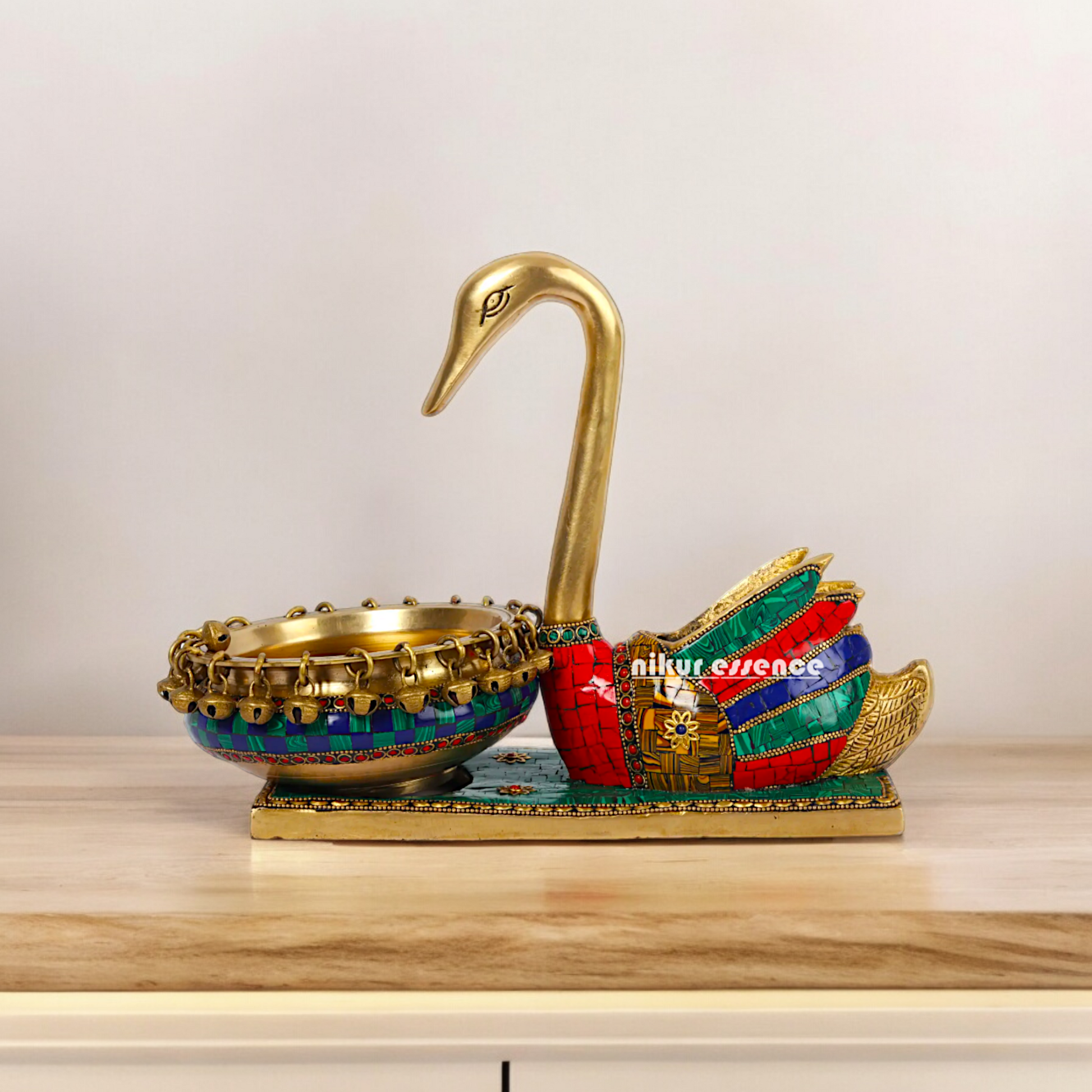 Online Buy brass Swan Urli Bowl with Intricate Inlay Work - Exquisite Handcrafted Decorative Centerpiece by Nikur Essence Nikuressence
