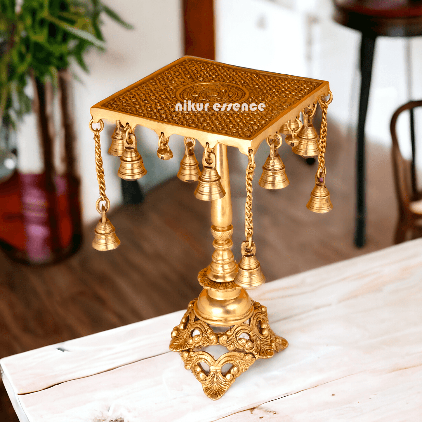 Buy Table stand in Brass with Intricately Designed Hanging Bells - Traditional Indian Home Décor Accent Piece Nikuressence