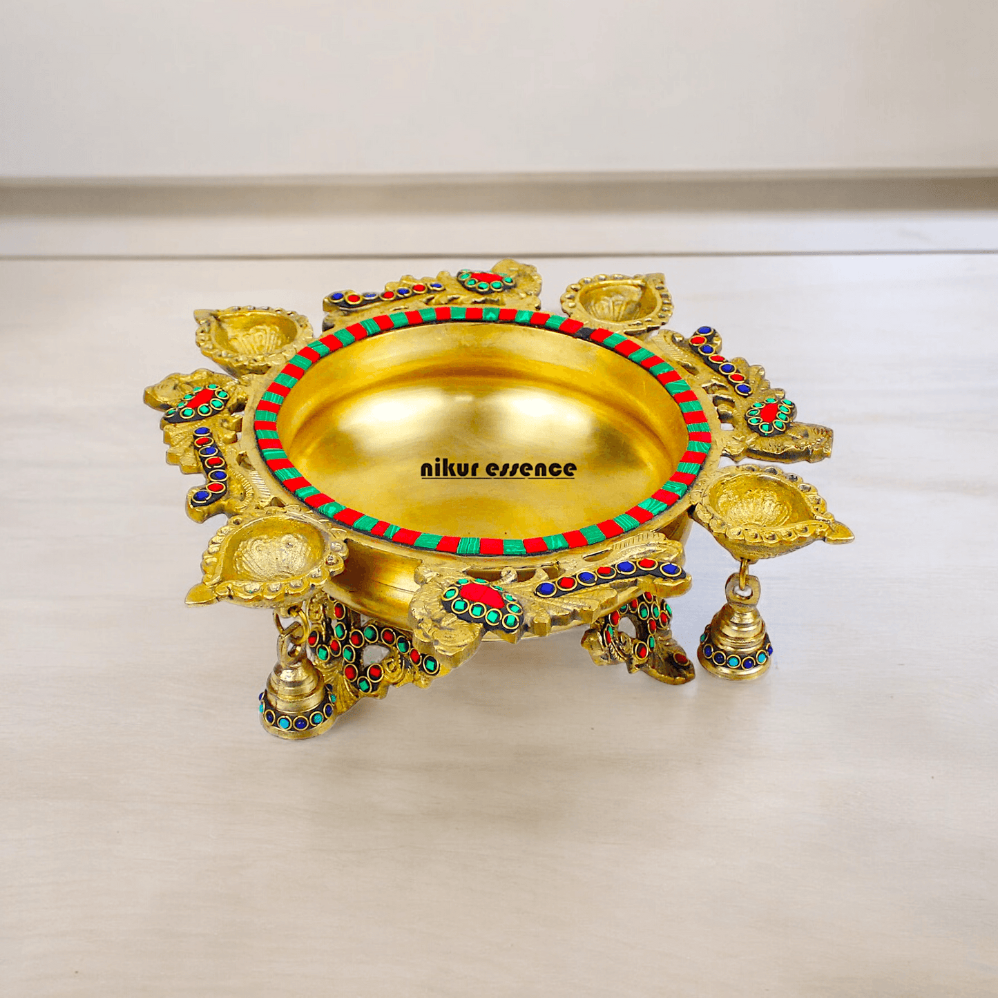 Online Buy Brass Urli Ethnic Traditional Bowl Vessel with Four Diyas – Handcrafted Decorative Centerpiece Nikuressence