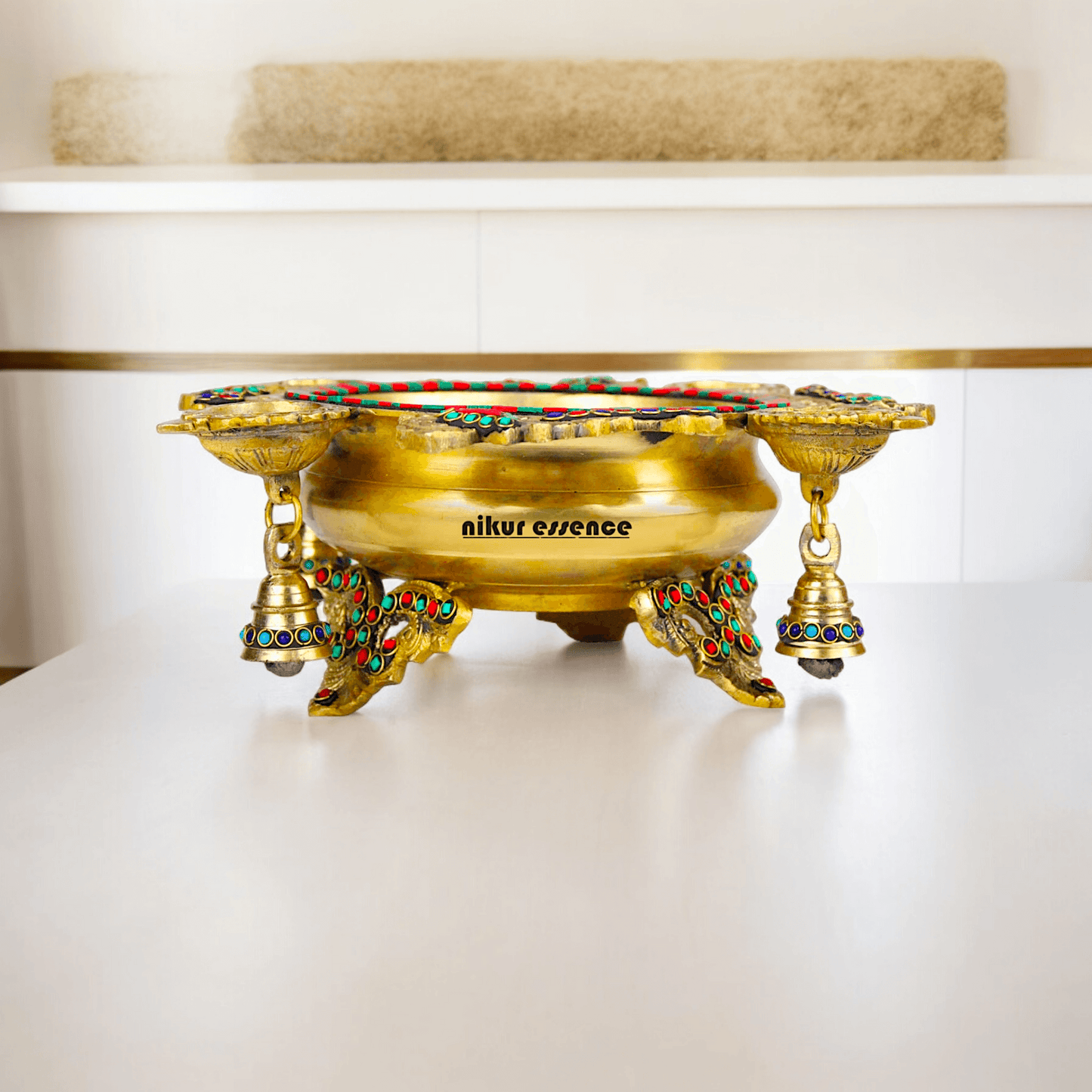 Online Buy Brass Urli Ethnic Traditional Bowl Vessel with Four Diyas – Handcrafted Decorative Centerpiece Nikuressence