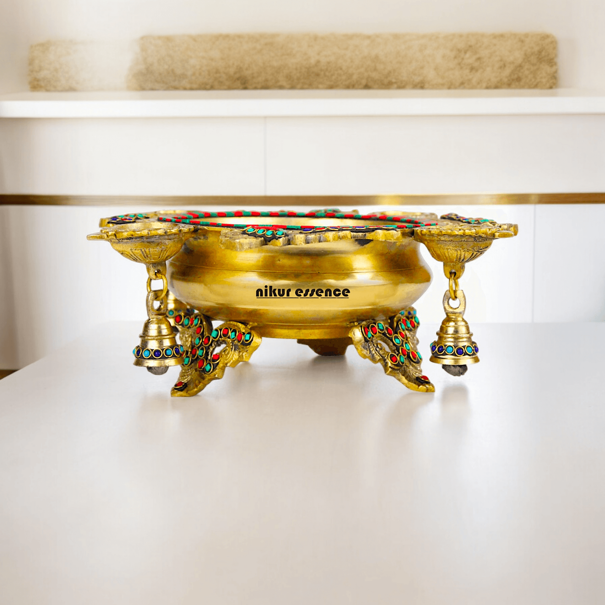 Online Buy Brass Urli Ethnic Traditional Bowl Vessel with Four Diyas – Handcrafted Decorative Centerpiece Nikuressence