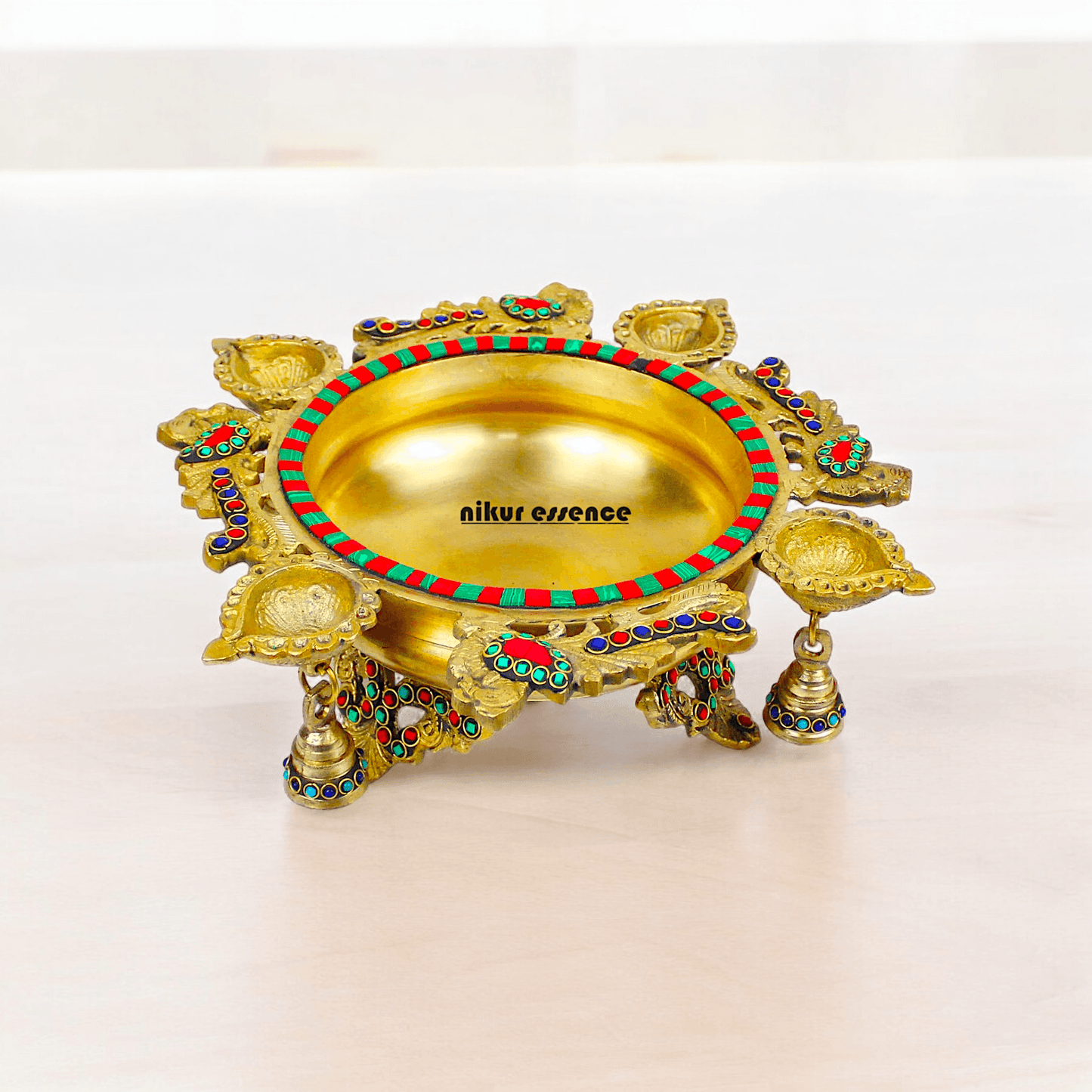 Online Buy Brass Urli Ethnic Traditional Bowl Vessel with Four Diyas – Handcrafted Decorative Centerpiece Nikuressence