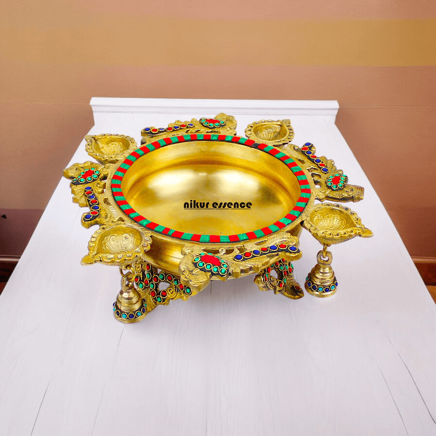 Online Buy Brass Urli Ethnic Traditional Bowl Vessel with Four Diyas – Handcrafted Decorative Centerpiece Nikuressence