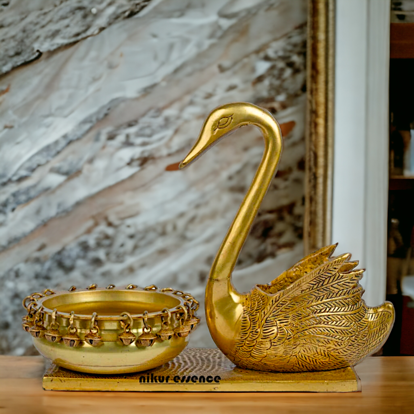 Buy Brass Urli in Swan Decor Bowl Featuring Decorative Bells – 11 Inches Nikuressence
