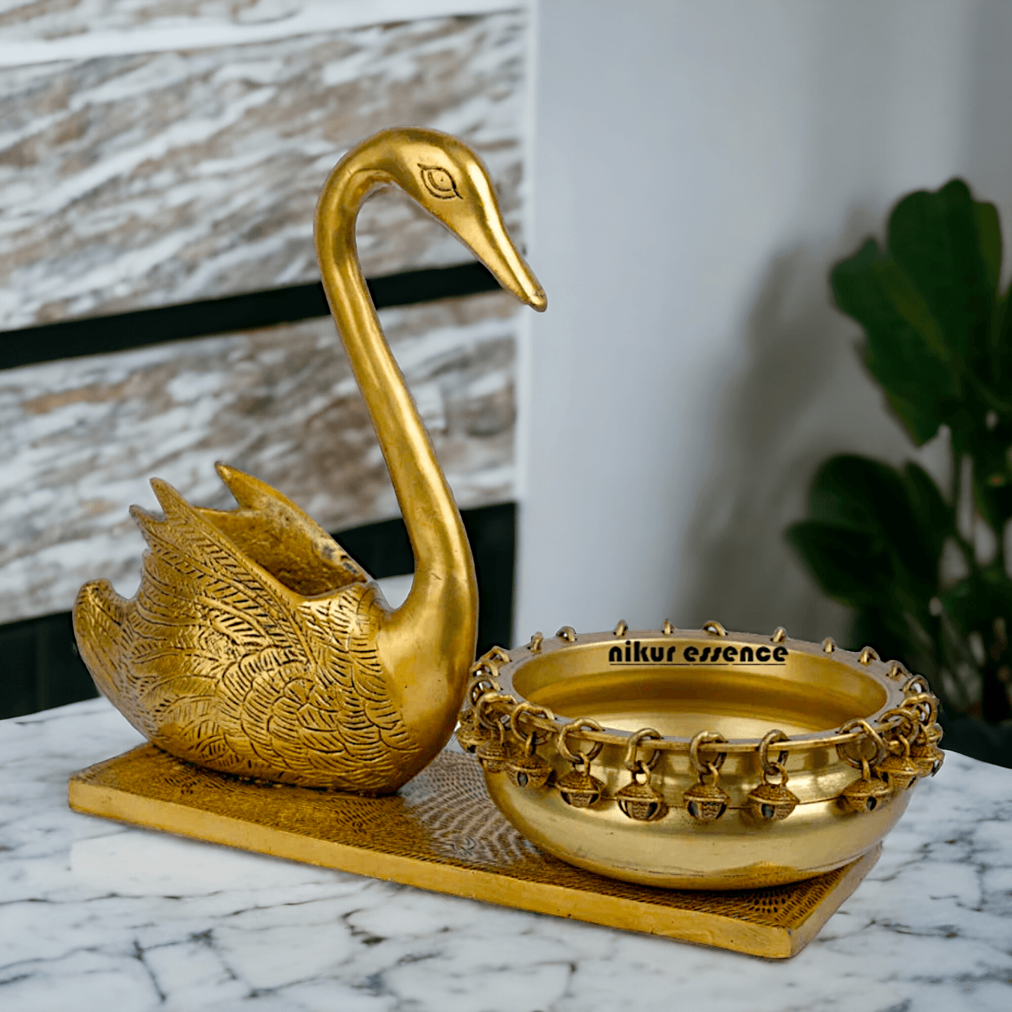 Buy Brass Urli in Swan Decor Bowl Featuring Decorative Bells – 11 Inches Nikuressence