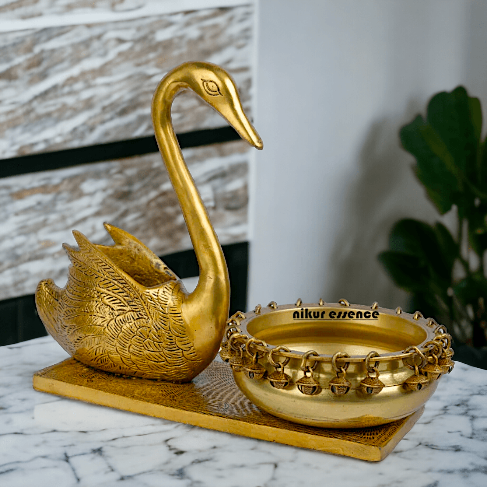 Buy Brass Urli in Swan Decor Bowl Featuring Decorative Bells – 11 Inches Nikuressence