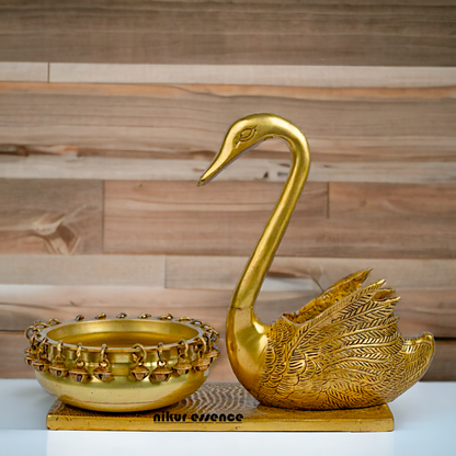 Buy Brass Urli in Swan Decor Bowl Featuring Decorative Bells – 11 Inches Nikuressence