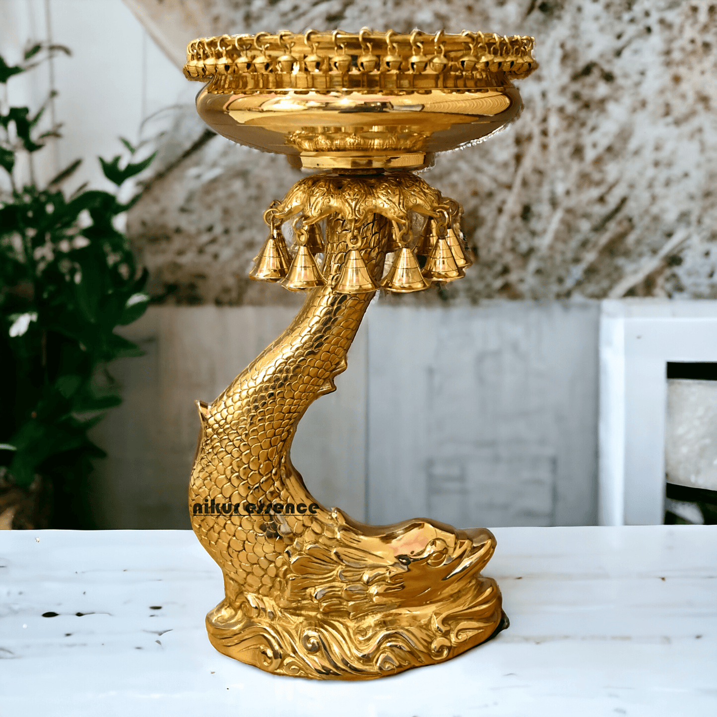 Buy urli stand Brassl on Fish Stand with Intricately Designed Hanging Bells and Ghungroos - Perfect for Traditional Decor and Festive Occasions Nikuressence