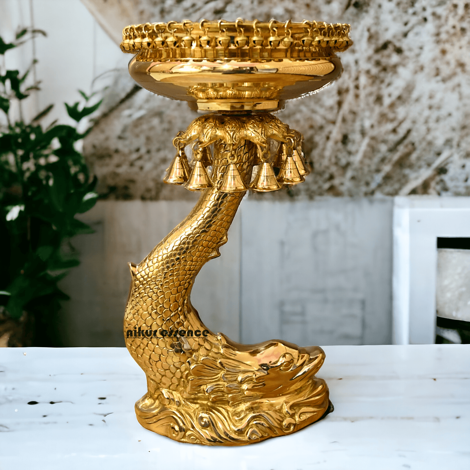 Buy urli stand Brassl on Fish Stand with Intricately Designed Hanging Bells and Ghungroos - Perfect for Traditional Decor and Festive Occasions Nikuressence