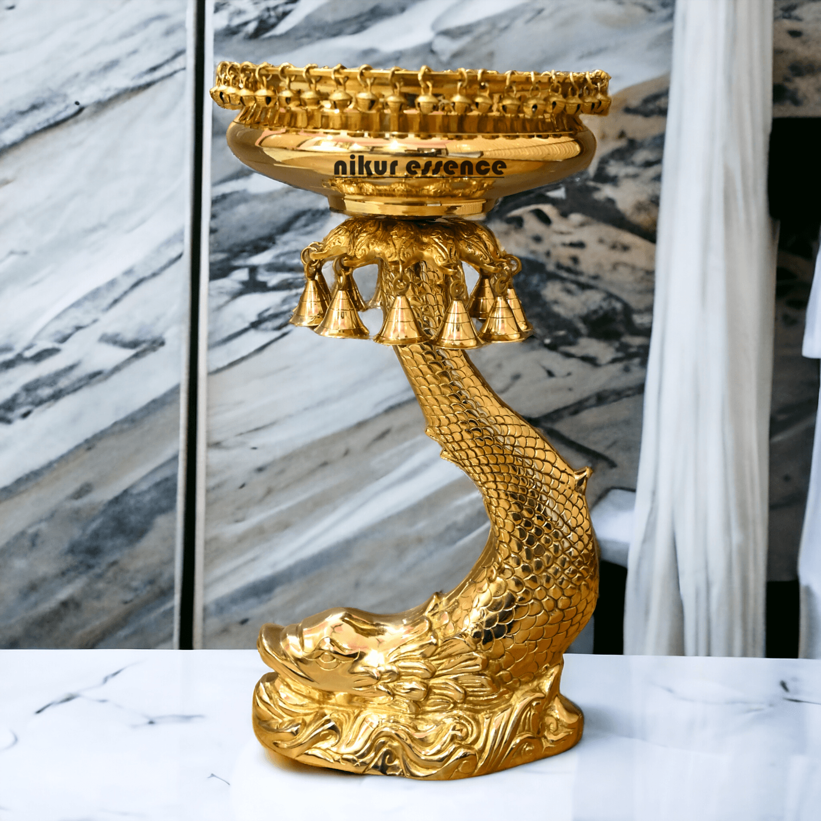 Buy urli stand Brassl on Fish Stand with Intricately Designed Hanging Bells and Ghungroos - Perfect for Traditional Decor and Festive Occasions Nikuressence