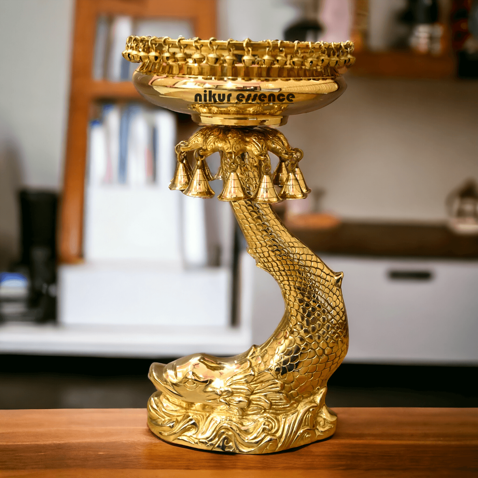 Buy urli stand Brassl on Fish Stand with Intricately Designed Hanging Bells and Ghungroos - Perfect for Traditional Decor and Festive Occasions Nikuressence