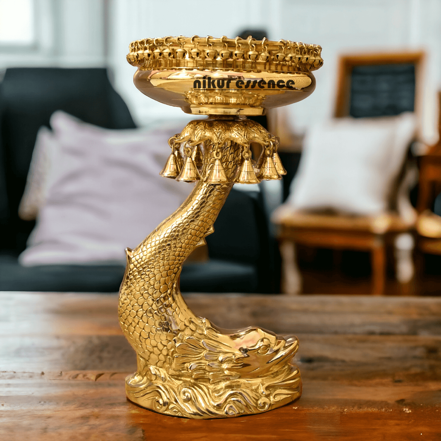 Buy urli stand Brassl on Fish Stand with Intricately Designed Hanging Bells and Ghungroos - Perfect for Traditional Decor and Festive Occasions Nikuressence