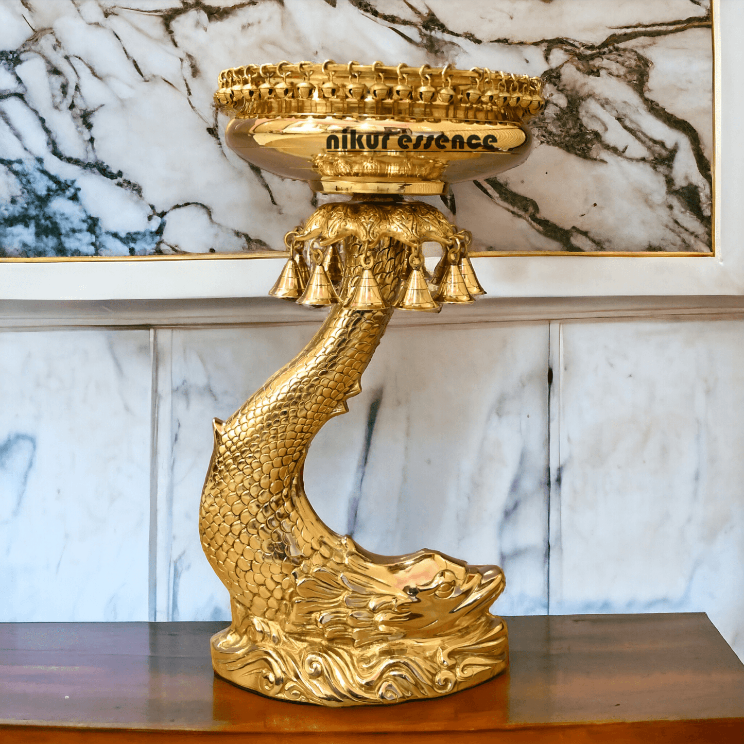 Buy urli stand Brassl on Fish Stand with Intricately Designed Hanging Bells and Ghungroos - Perfect for Traditional Decor and Festive Occasions Nikuressence