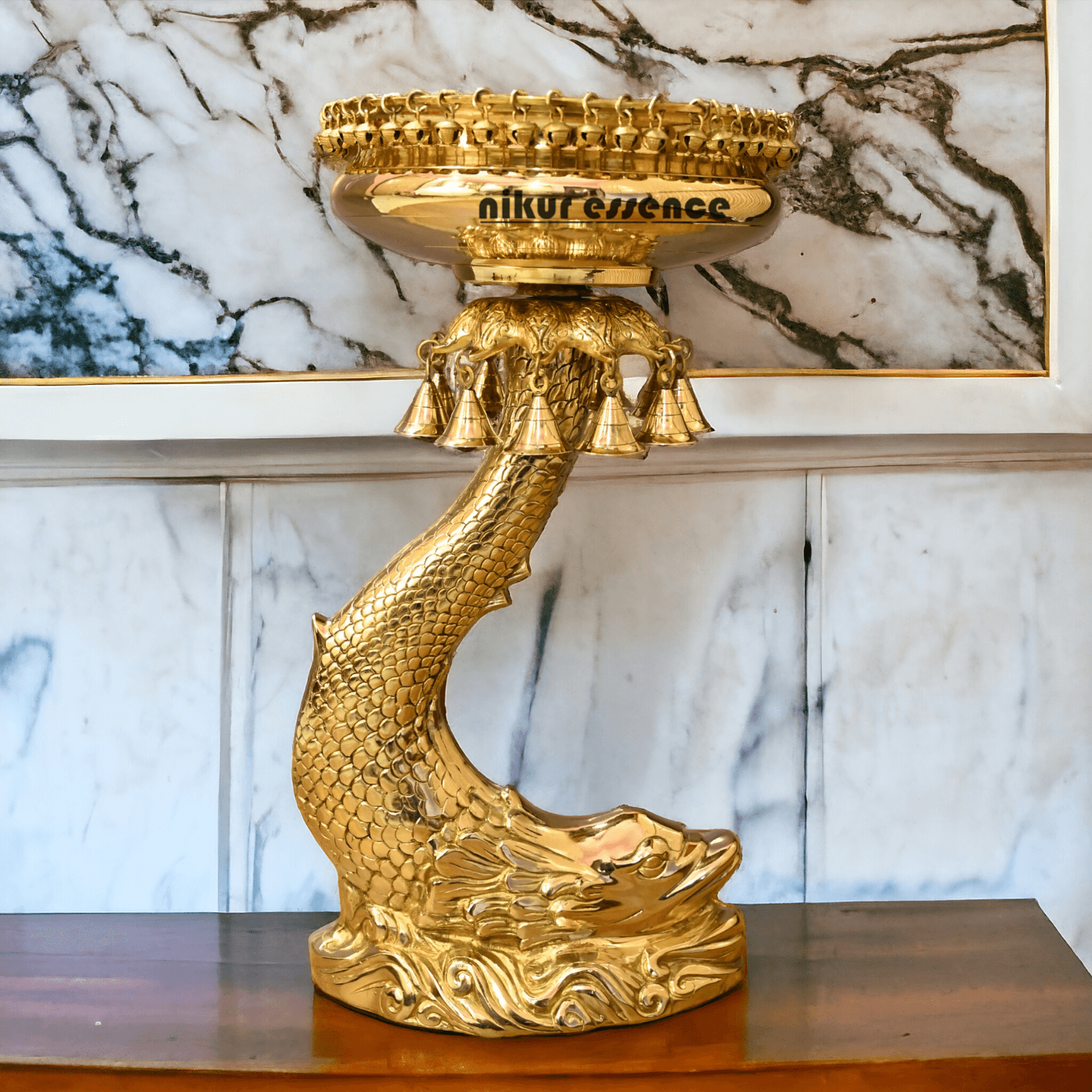Buy urli stand Brassl on Fish Stand with Intricately Designed Hanging Bells and Ghungroos - Perfect for Traditional Decor and Festive Occasions Nikuressence