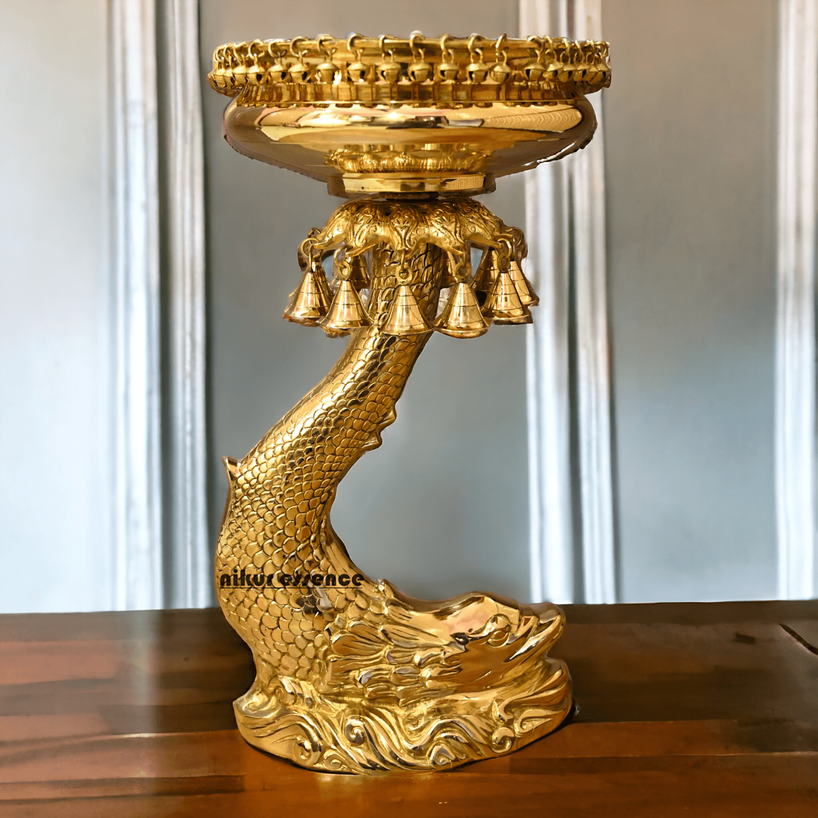 Buy urli stand Brassl on Fish Stand with Intricately Designed Hanging Bells and Ghungroos - Perfect for Traditional Decor and Festive Occasions Nikuressence