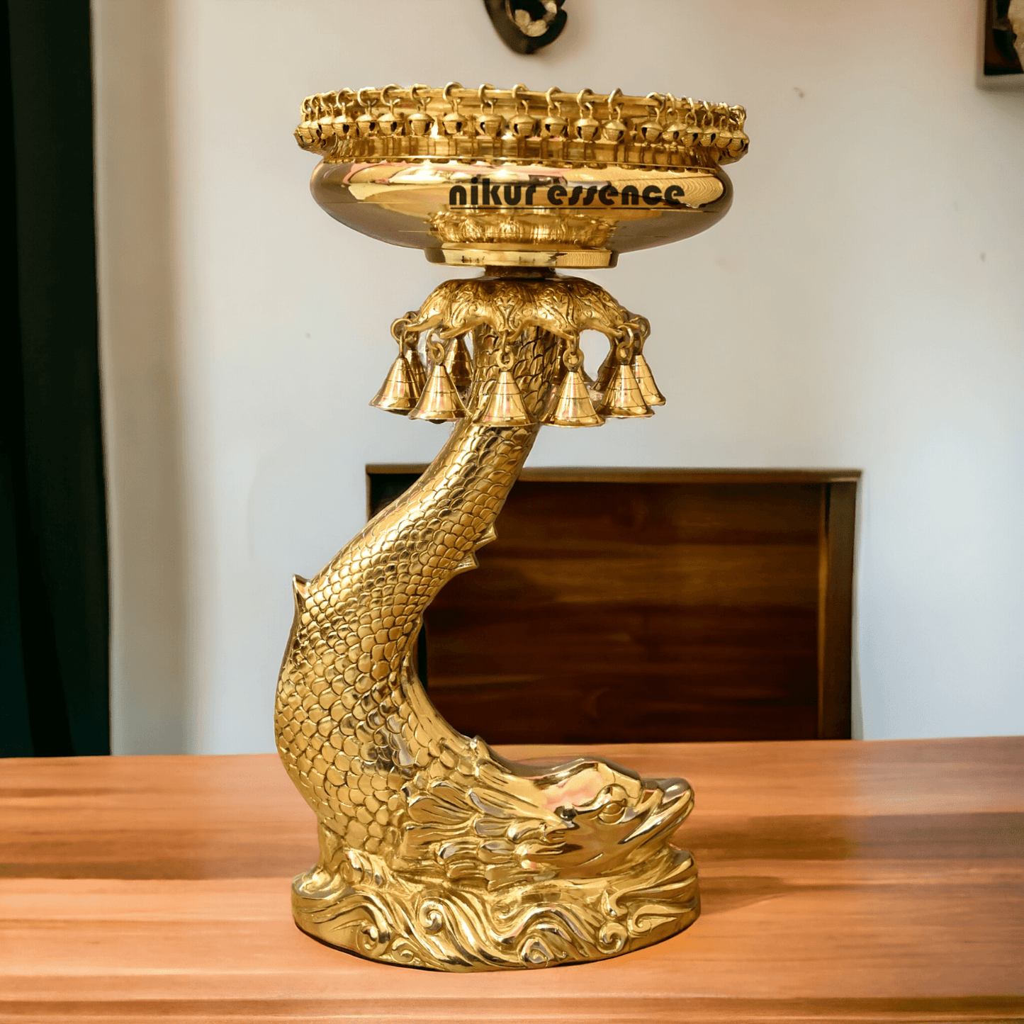 Buy urli stand Brassl on Fish Stand with Intricately Designed Hanging Bells and Ghungroos - Perfect for Traditional Decor and Festive Occasions Nikuressence
