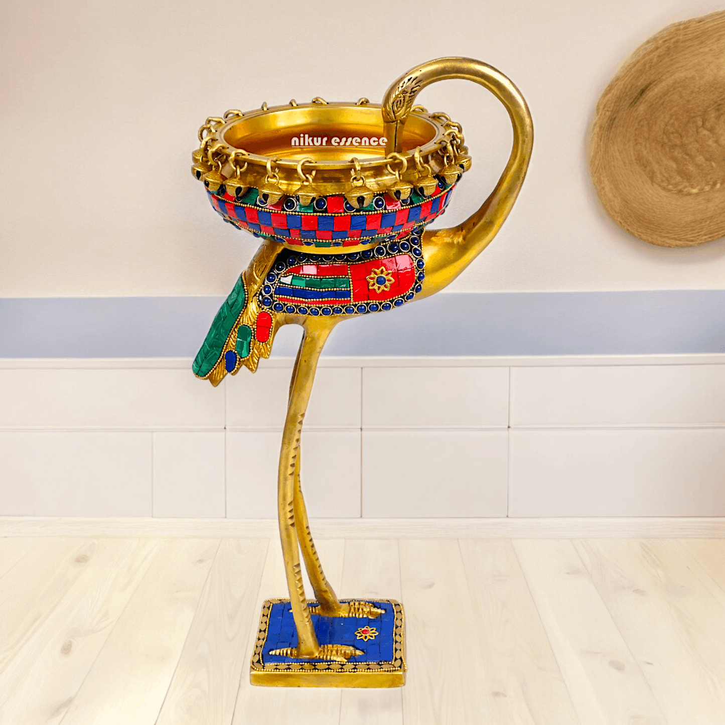 Buy brass 42 cm Flamingo Sculpture with Urli on Back – Brass Craftsmanship Featuring Intricate Inlay Work Decorative Art Piece Nikuressence