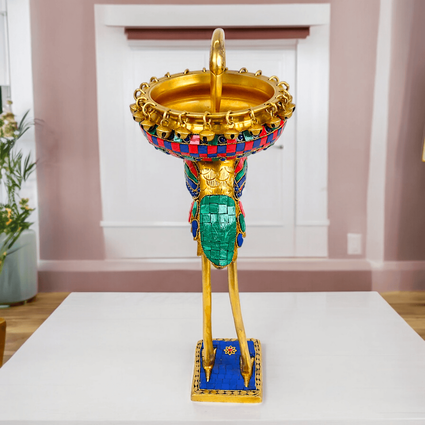 Buy brass 42 cm Flamingo Sculpture with Urli on Back – Brass Craftsmanship Featuring Intricate Inlay Work Decorative Art Piece Nikuressence