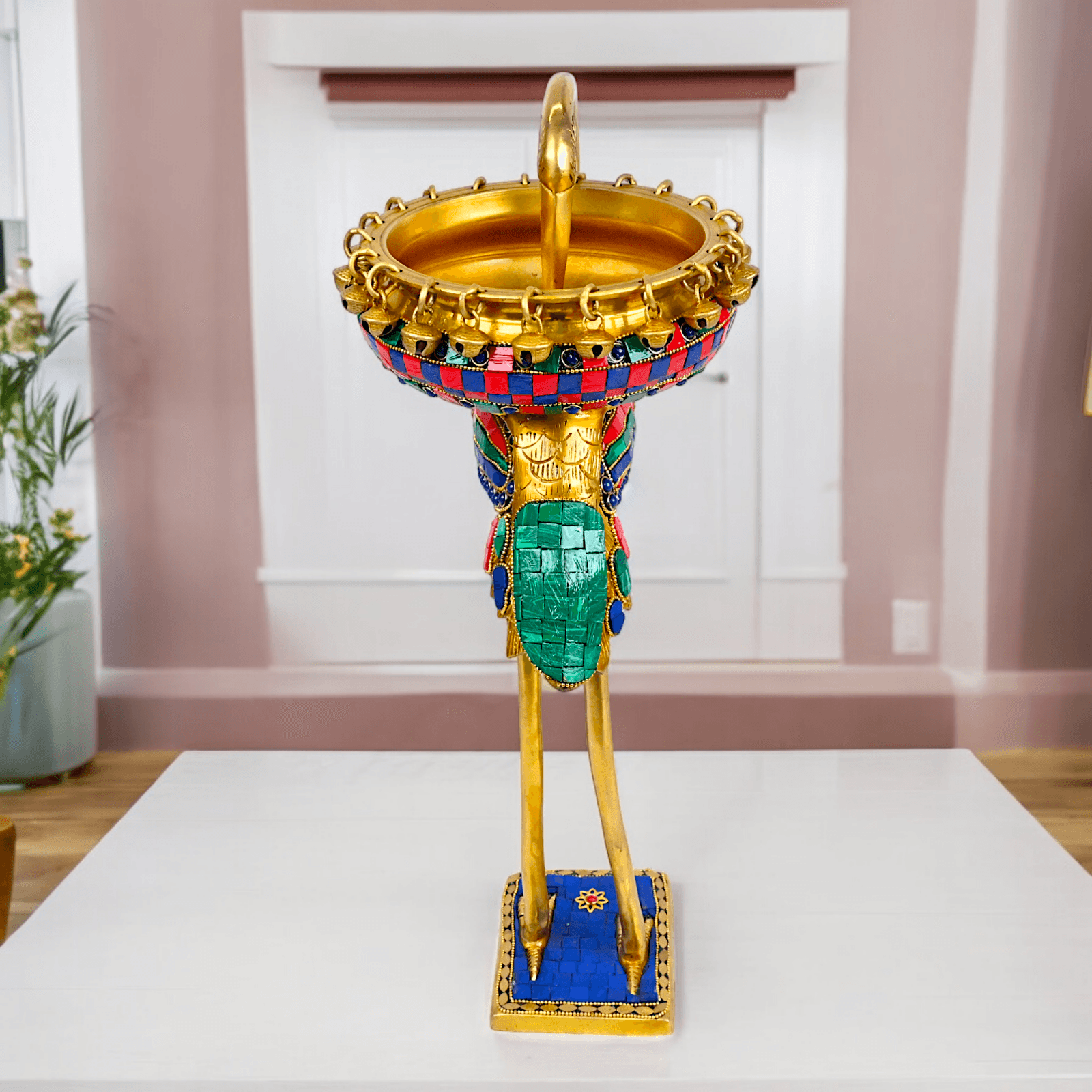 Buy brass 42 cm Flamingo Sculpture with Urli on Back – Brass Craftsmanship Featuring Intricate Inlay Work Decorative Art Piece Nikuressence