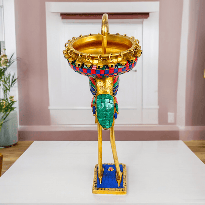 Buy brass 42 cm Flamingo Sculpture with Urli on Back – Brass Craftsmanship Featuring Intricate Inlay Work Decorative Art Piece Nikuressence
