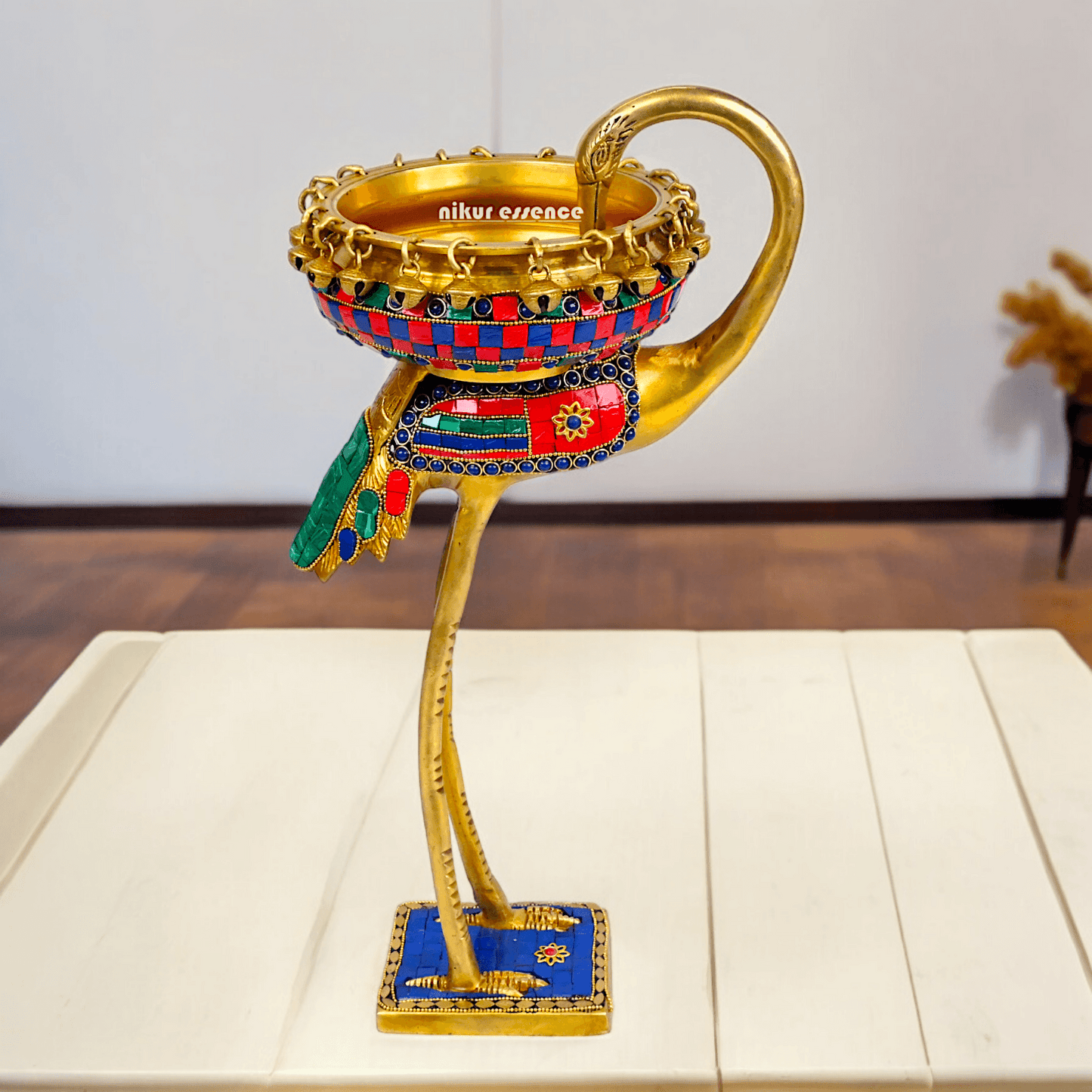 Buy brass 42 cm Flamingo Sculpture with Urli on Back – Brass Craftsmanship Featuring Intricate Inlay Work Decorative Art Piece Nikuressence