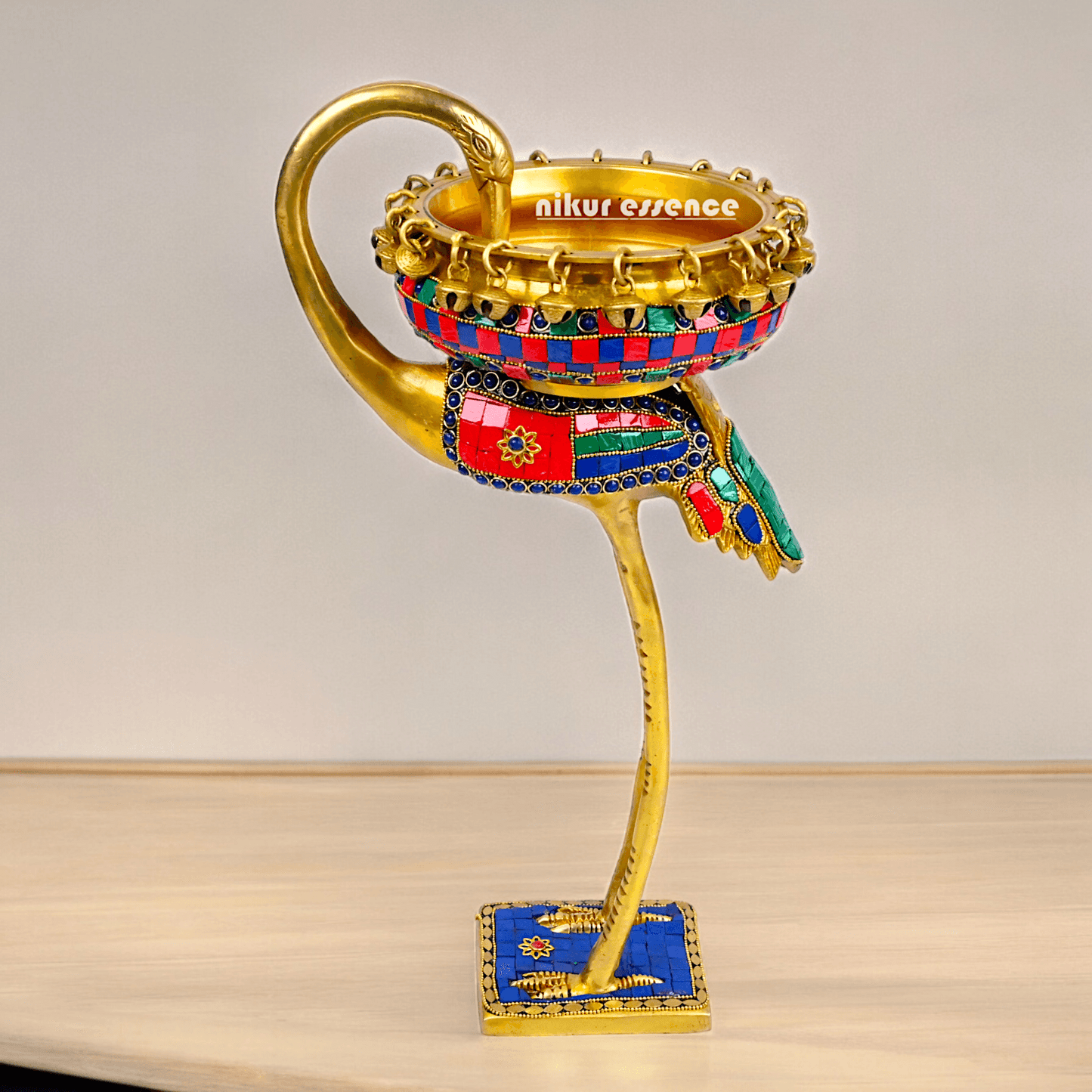 Buy brass 42 cm Flamingo Sculpture with Urli on Back – Brass Craftsmanship Featuring Intricate Inlay Work Decorative Art Piece Nikuressence