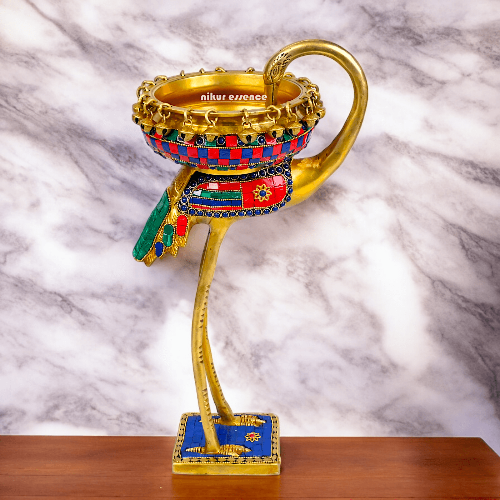 Buy brass 42 cm Flamingo Sculpture with Urli on Back – Brass Craftsmanship Featuring Intricate Inlay Work Decorative Art Piece Nikuressence