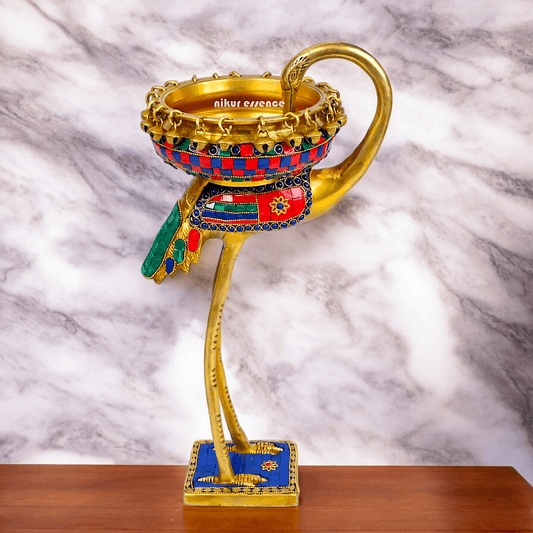 Buy brass 42 cm Flamingo Sculpture with Urli on Back – Brass Craftsmanship Featuring Intricate Inlay Work Decorative Art Piece Nikuressence