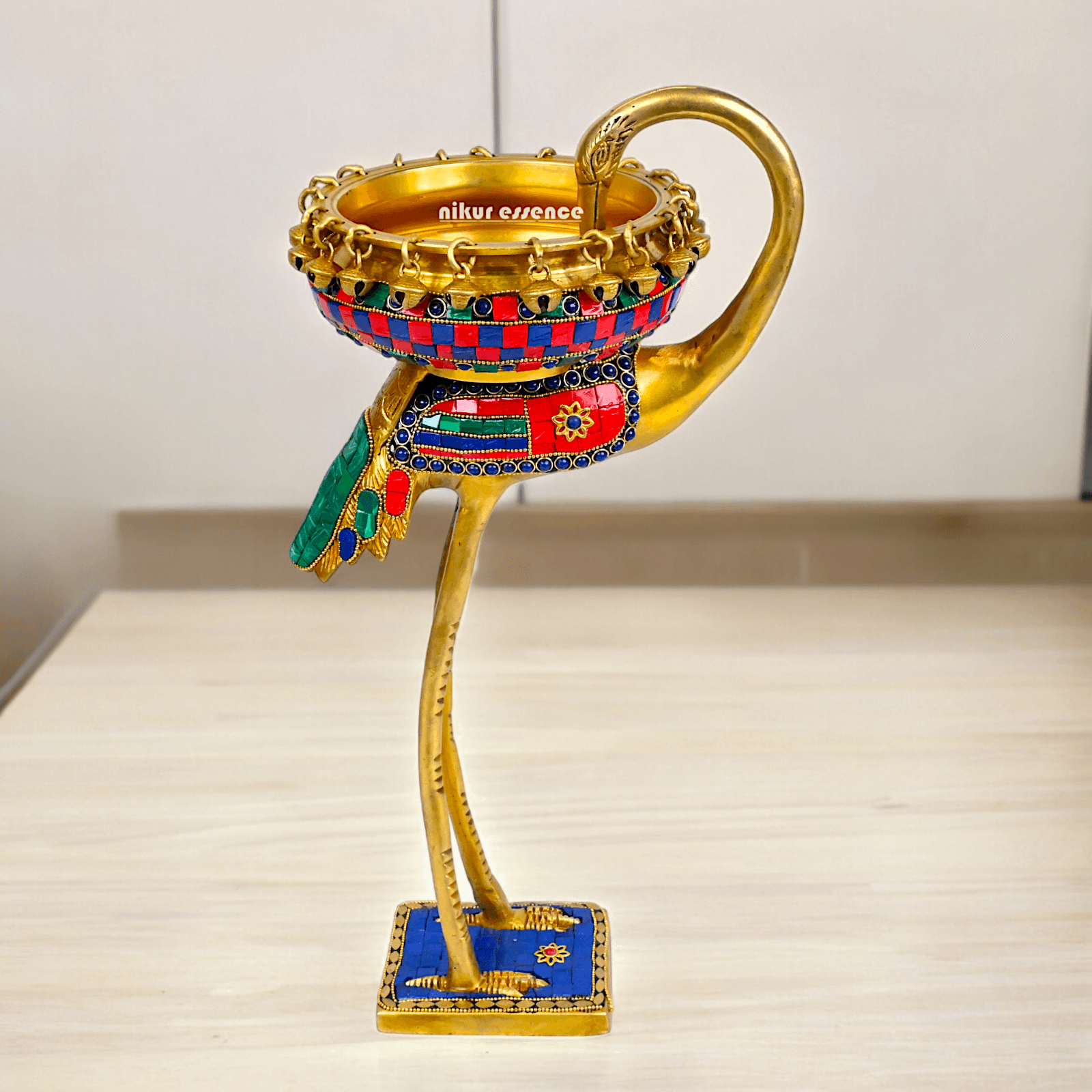 Buy brass 42 cm Flamingo Sculpture with Urli on Back – Brass Craftsmanship Featuring Intricate Inlay Work Decorative Art Piece Nikuressence