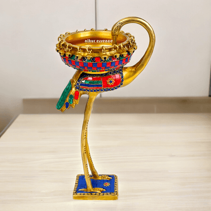 Buy brass 42 cm Flamingo Sculpture with Urli on Back – Brass Craftsmanship Featuring Intricate Inlay Work Decorative Art Piece Nikuressence