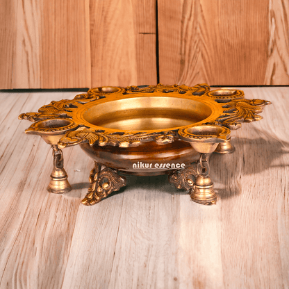 Brass Urli with Intricately Designed 4 Diya Holders for Festive Decor and Spiritual Ambiance Nikuressence