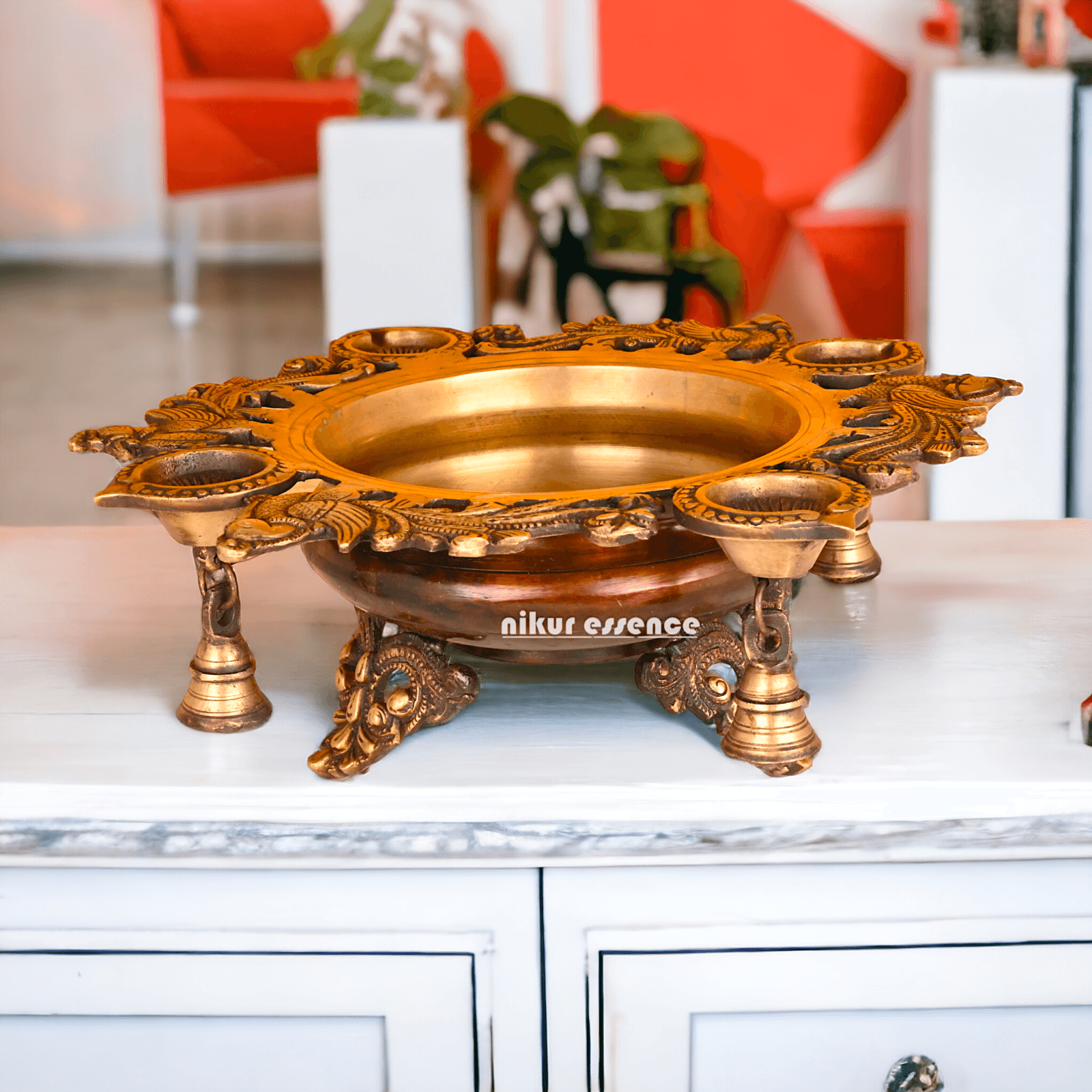 Brass Urli with Intricately Designed 4 Diya Holders for Festive Decor and Spiritual Ambiance Nikuressence