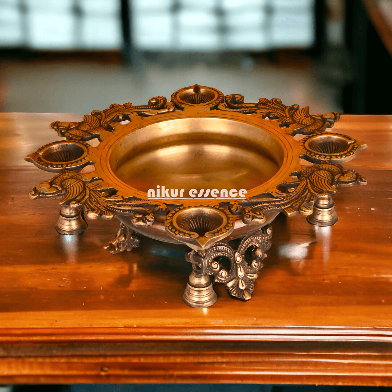Brass Urli with Intricately Designed 4 Diya Holders for Festive Decor and Spiritual Ambiance Nikuressence