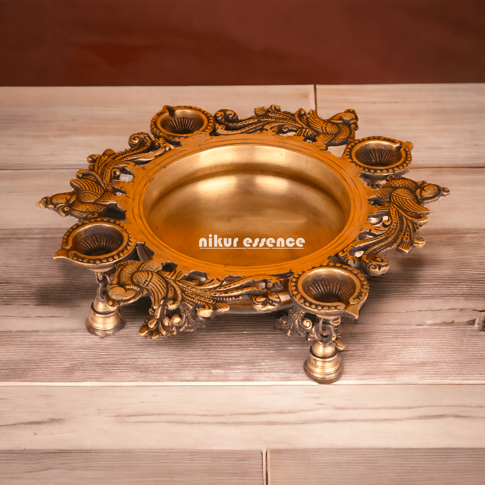 Brass Urli with Intricately Designed 4 Diya Holders for Festive Decor and Spiritual Ambiance Nikuressence