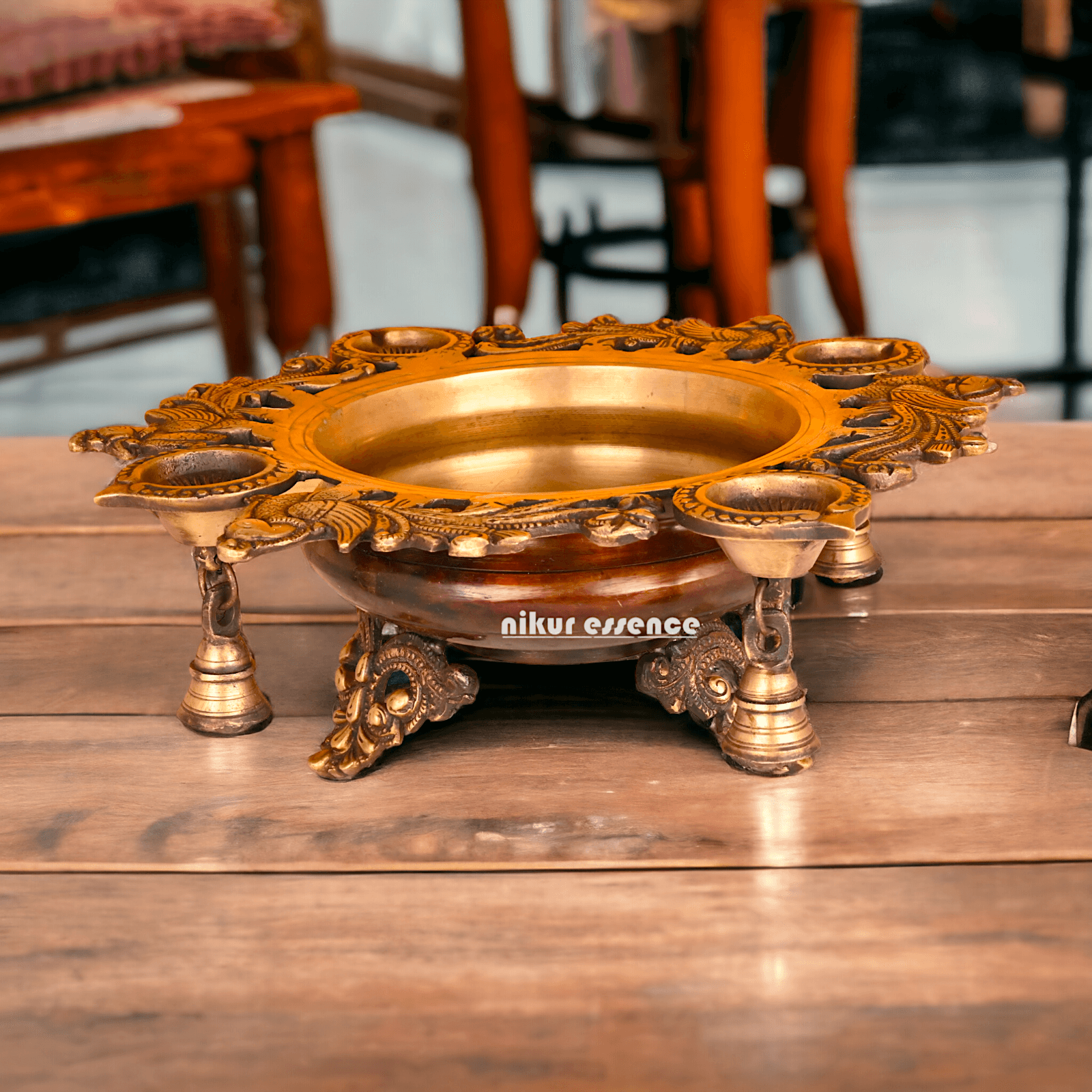 Brass Urli with Intricately Designed 4 Diya Holders for Festive Decor and Spiritual Ambiance Nikuressence