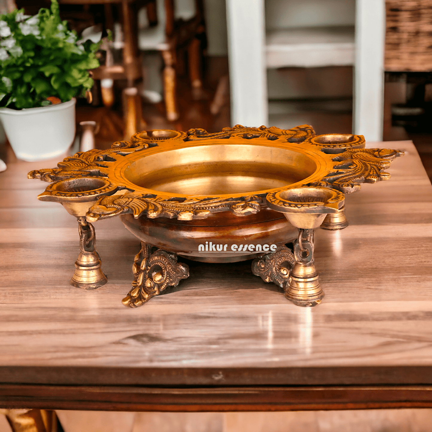 Brass Urli with Intricately Designed 4 Diya Holders for Festive Decor and Spiritual Ambiance Nikuressence